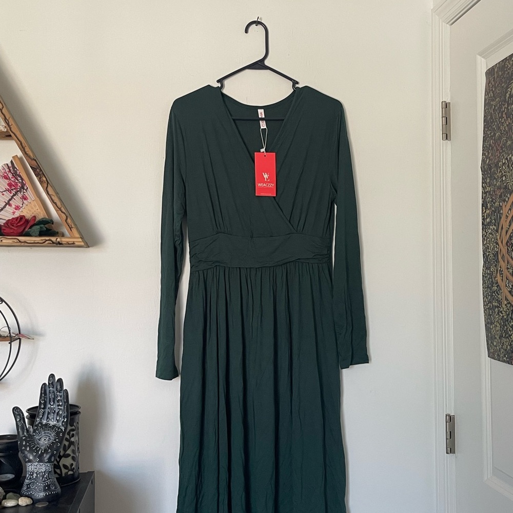 Dark Green Long Sleeve Wrap-Style Midi Dress